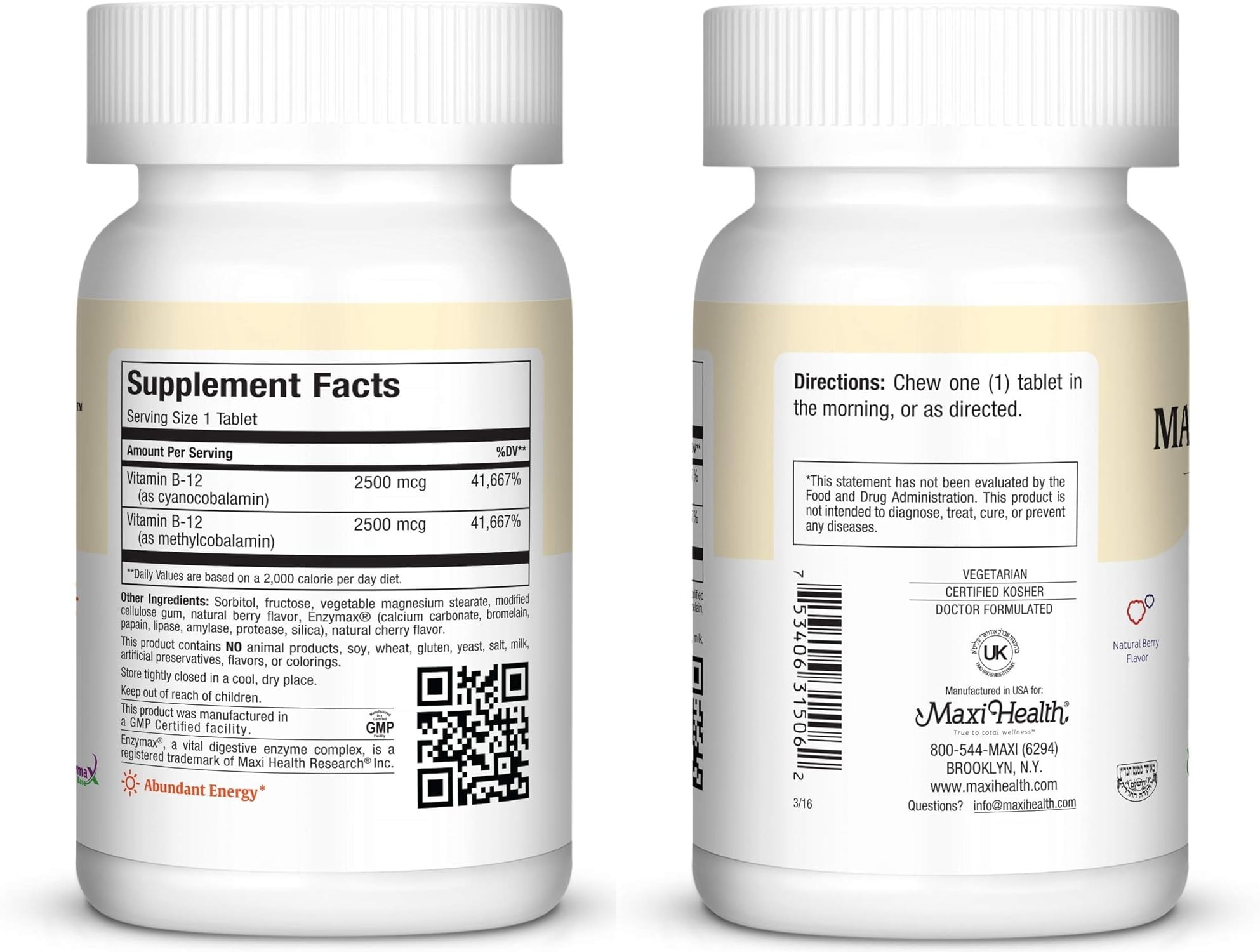 Maxi Health Vitamin B-12 Supplement – 5000 mcg Chewable Tablets – Berry Flavor – Energy – 60 Count – Kosher