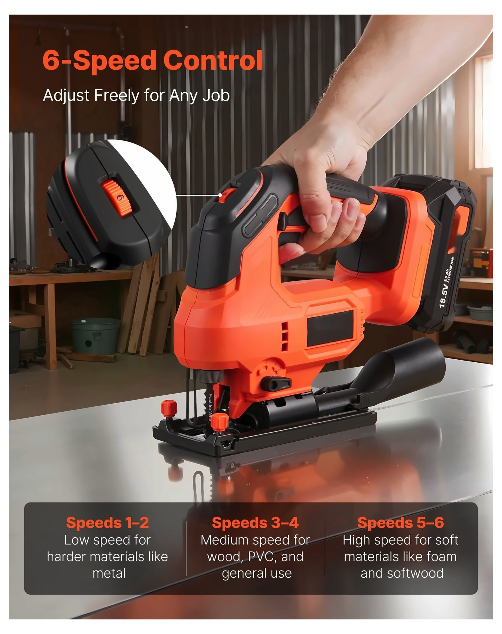 Cordless Jig Saw, 20 V, 3000 SPM Blade Speed, Cordless Jigsaw with Battery and Charger, LED Light, 6 Variable Speed, 0- 45° Bevel Cuts, with 6 pcs Blades, 4 Orbital Settings, for Wood, Metal