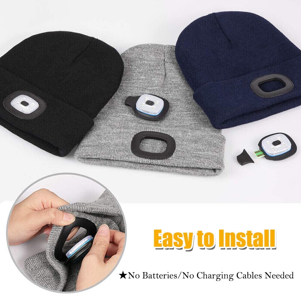 Unisex Hat with Light, 2 Pack USB Rechargeable Hands Free Headlamp LED Beanie,Gifts for Dad Father Men Husband Winter Warm Knitted Cap (Black & Navy Blue)