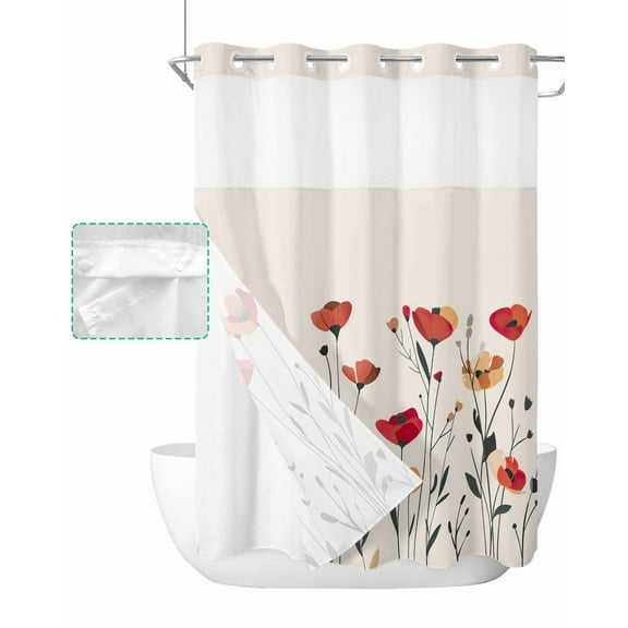 No Hook Shower Curtain with Snap in Liner, Linen Minimalist Poppy Plant Patterns Hotel Shower Curtains for Bathroom, Washable Shower Curtain Liner Set with Mesh Top Window, 60"x72"