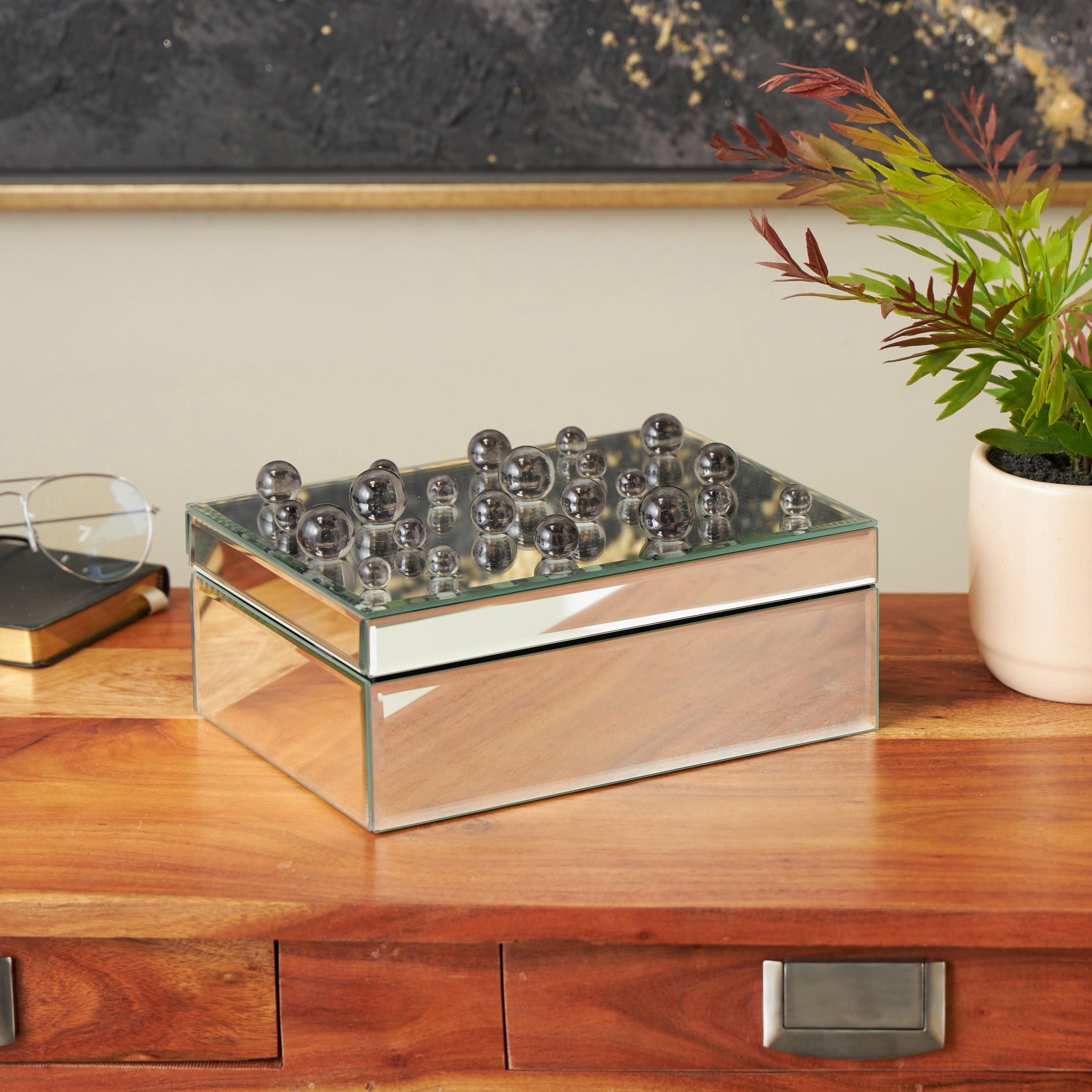 DecMode Mirrored Silver Glass Decorative Jewelry Box with Black Bubble Textured Balls