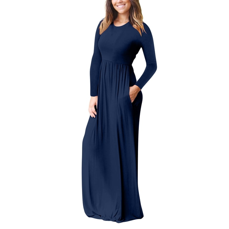 knee length dresses for ladies Alayna | Navy Long-Sleeve Maxi Dress with Ruffled Split