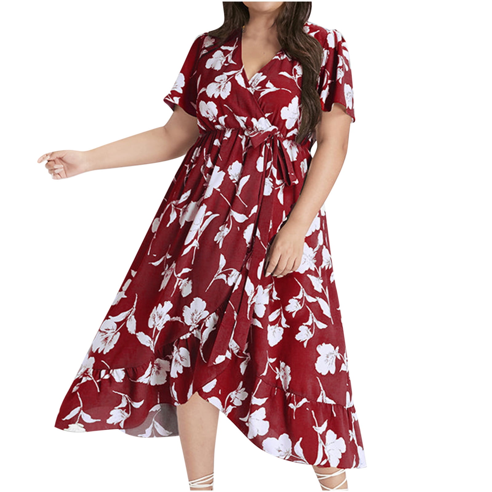 Womens Casual Floral Print Short Sleeve Round Neck Soft Vintage Plus Size Maxi Dress Mother Daughter Summer Casual Floral Print Long Dress with High Waist Ruffle Sleeves 