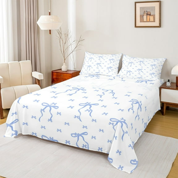 jejeloiu Cartoon Bow Tie Twin Sheet Sets,Blue White Twin Fitted Sheet,Princess Pink Bow Flat Sheet For Teens,Luxury Bedroom Decor,3-Piece