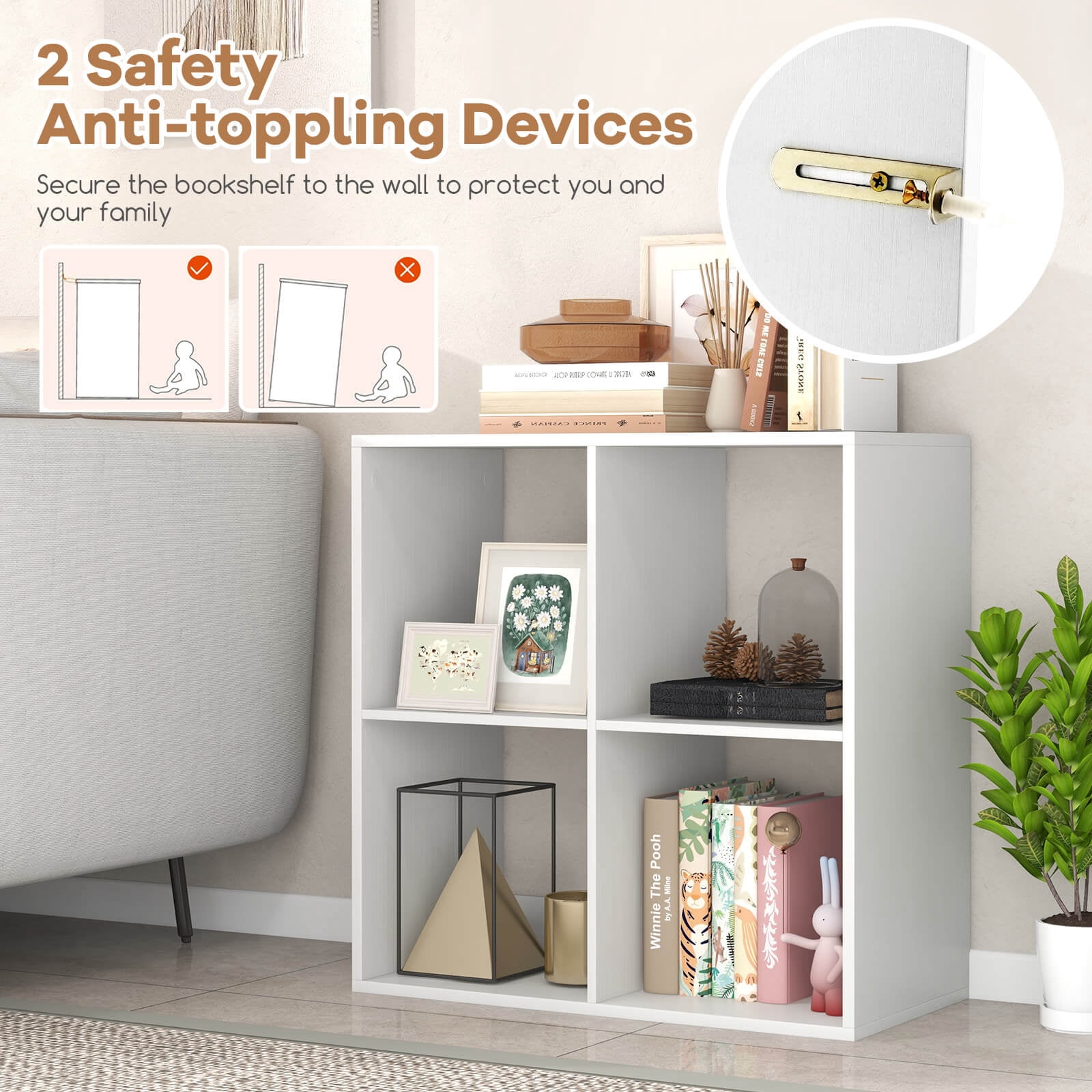 Costway 4-Cube Open Bookshelf with Anti-tip Kits Home Modern Style Storage Shelf for Study White