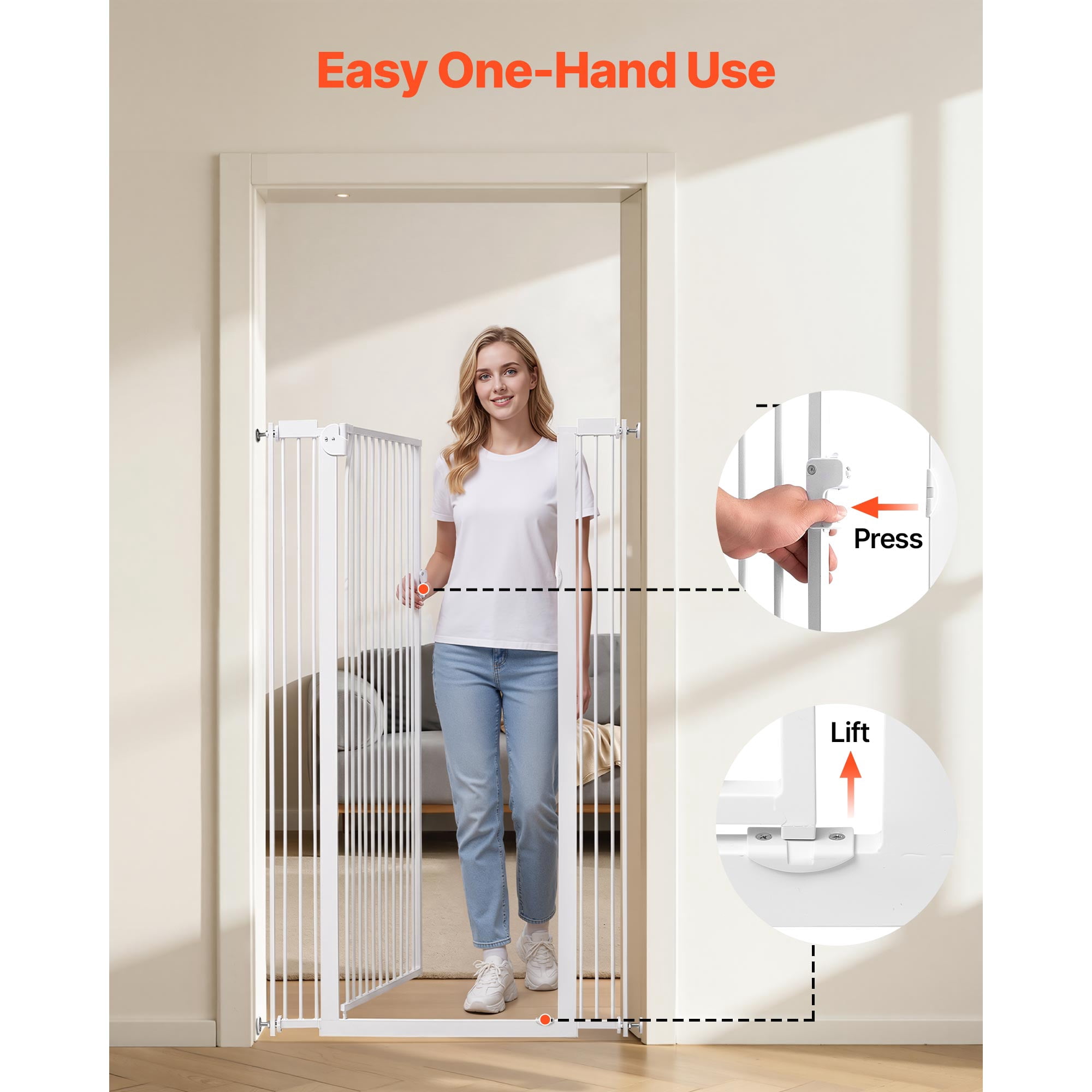 KFFKFF Extra Tall Pet Gate for Cats and Dogs, Adjustable Width 29-41 in, 56 in Height, Includes Pressure and Wall Mount Kits, 1.3 in Narrow Bar Spacing, Suitable for Stairs, Doorways, White