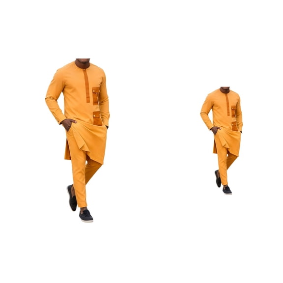 Men's African Style Black Casual Suit, Two-Piece Set with Button-Down Jacket and Drawstring Trousers, Long Sleeve Gold Print Dashiki Outfit