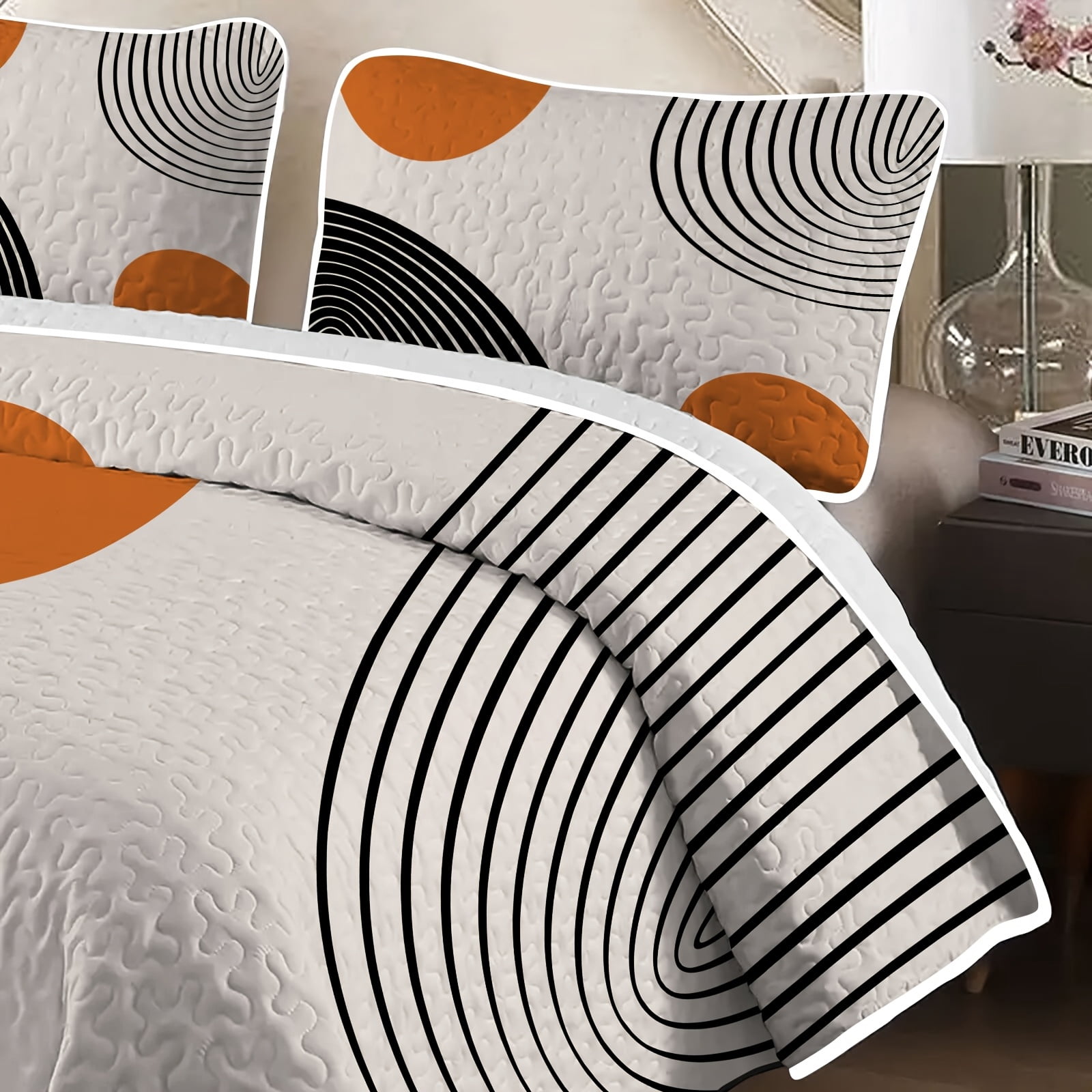 Flymme 3 Piece Boho Full/Queen Quilt Sets,Reversible Lightweight Bedspread Coverlet,Mid Century Orange Sun Geometric Bedding Quilts Set for All Season