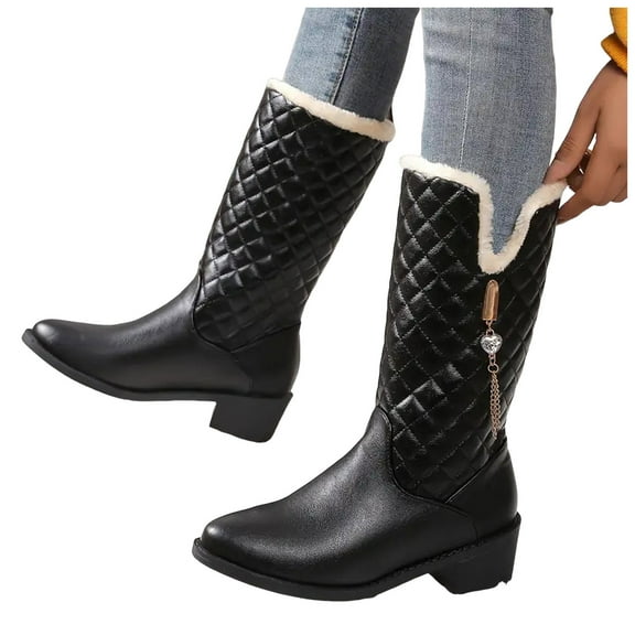 Rokment Quilted Rhinestones Wide Mid Calf Snow Boots for Women 2025 Fashion Warm Fuzzy Lined Chunky Heel Winter Tall Dress Boots