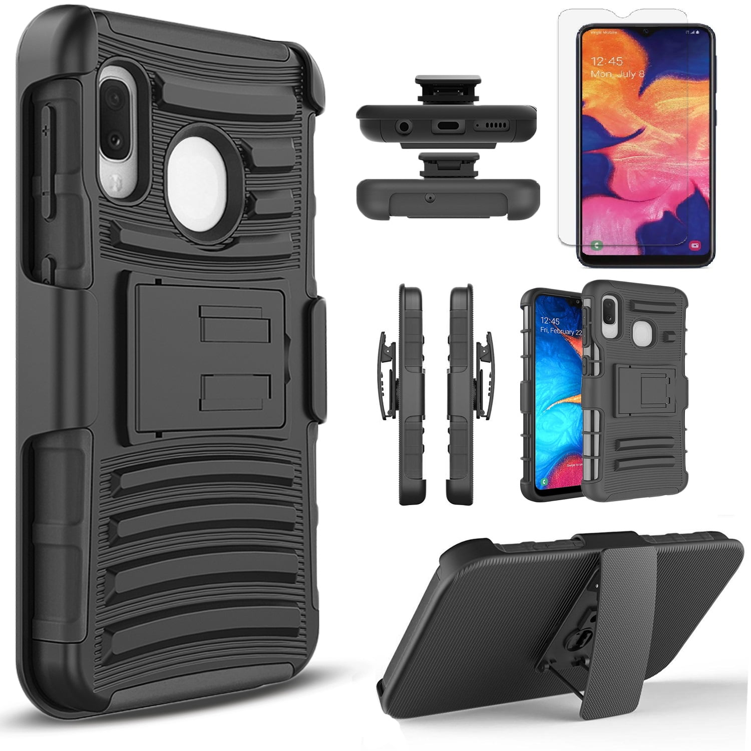 Samsung Galaxy A10e Phone Case, Dual Layers [Combo Holster] And Built-In Kickstand Bundled with [Temerped Glass Screen Protector] Hybird Shockproof And Circlemalls Stylus Pen (Black)