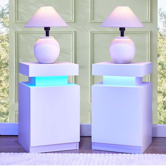 Nightstand Set of 2, Bedside Table with LED Lights, Night Stands Set End Side Table with Cabinet Storage for Bedroom, White