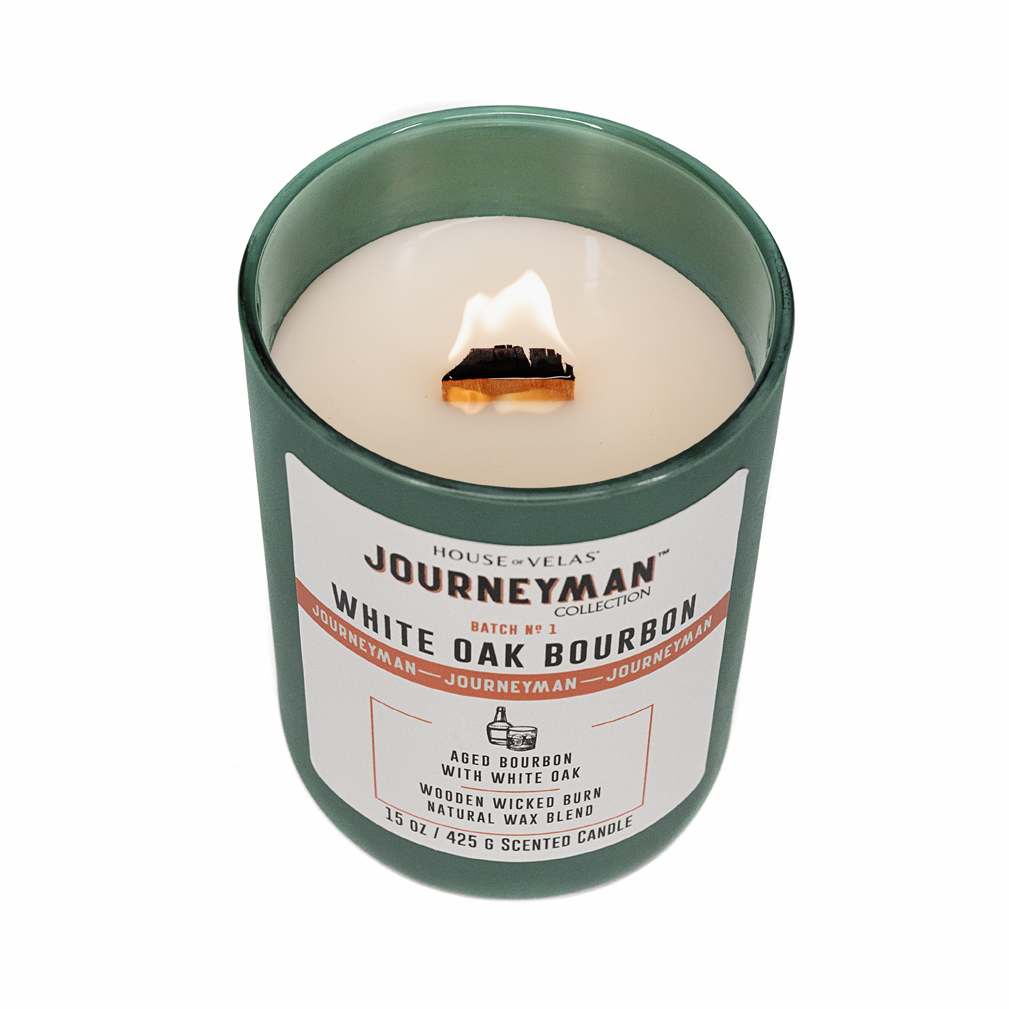 House of Velas, Journeyman Collection, White Oak Bourbon Scented Candle, 15oz, Wooden Wick