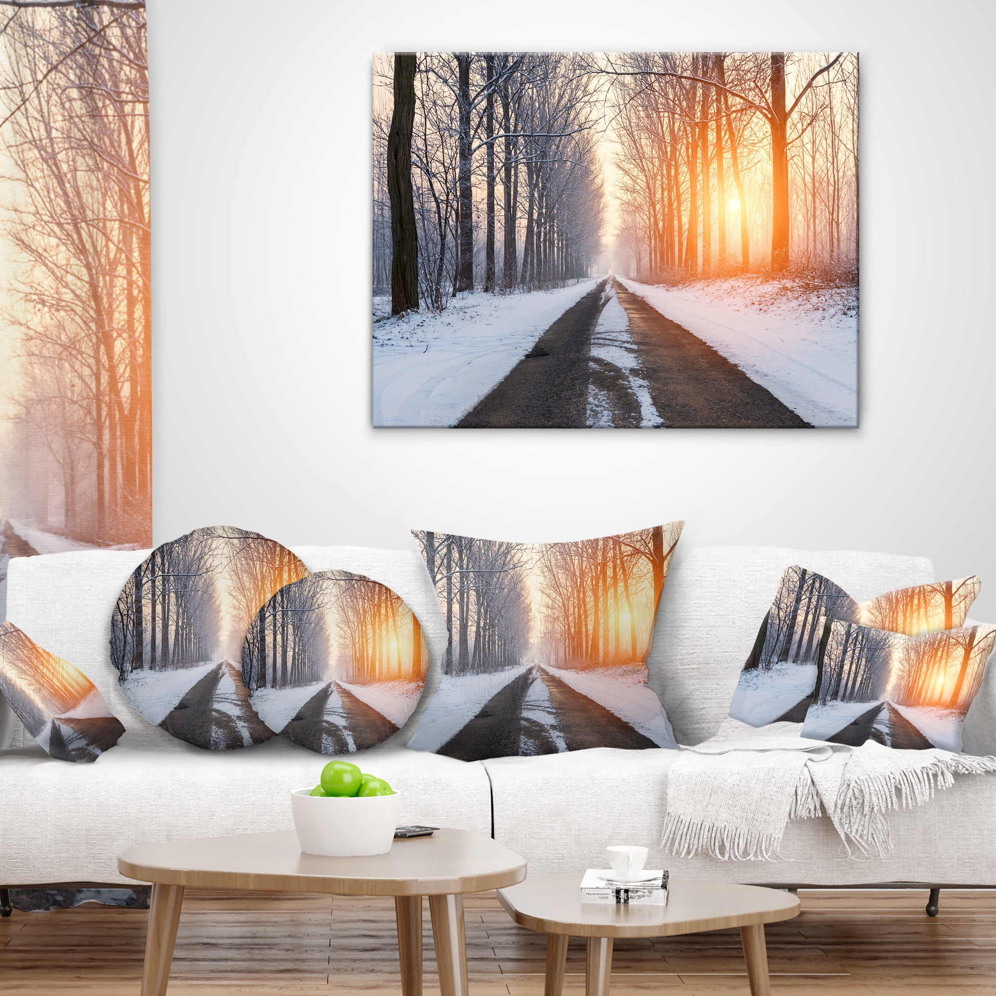 Designart Bright Sun Break in Winter Forest - Forest Throw Pillow - 16x16