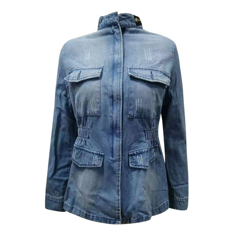 Fulijie Denim Jacket for Women Plus Size Casual Womens Ladies Denim Oversize Jeans Chain Jacket Pocket Coat, Women's, Size: Medium, Blue