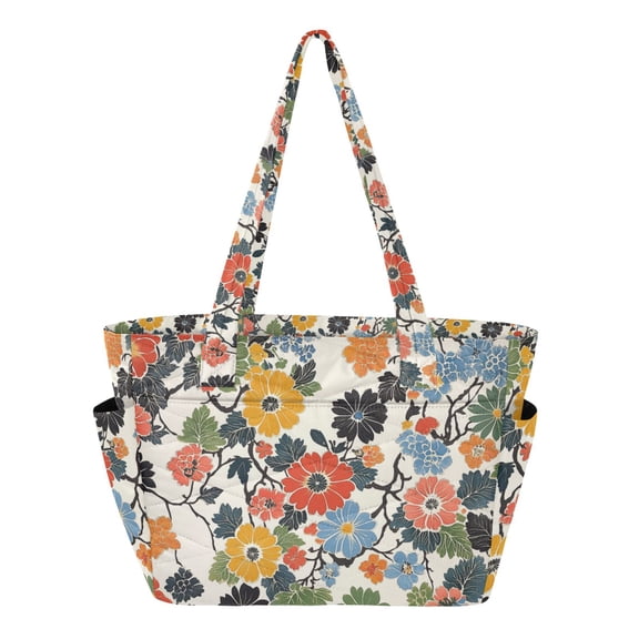 FORMRS Tote Bag for Women Quilted Large Capacity Travel Work Carry On Shoulder Handbag, Black Flowers Pattern