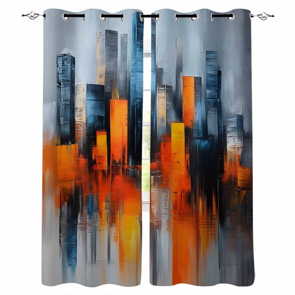 Blue Burnt Orange Blackout Curtains 54 Inches Long for Bedroom, Modern Oil Painting Geometric Abstract Thermal Insulated Room Darkening Black Out Window Curtain Panels Grommet Drapes for Living Room