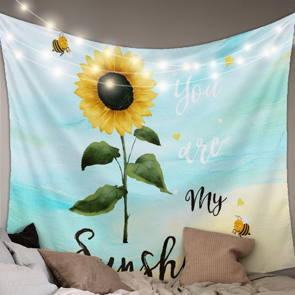 Farm Sunflowers Tapestry for Bedroom Wall Hanging Tapestry, Idyllic Country Botanical Bee Turquoise Ceiling Backdrop Tapestries Poster Blanket Wall Decor for Teens Room Living Room Dorm 55" x 73"
