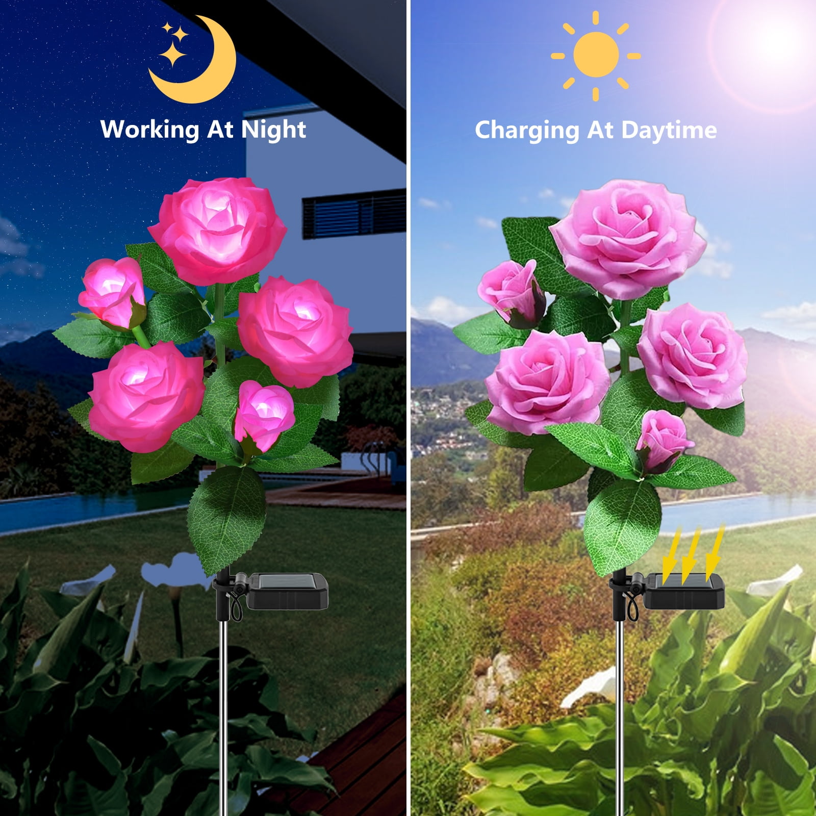 4 Pack Solar Rose Flower Lights, Outdoor Solar Garden Lights, LED Waterproof Solar Lights for Pathway Patio Yard Decor, Pink