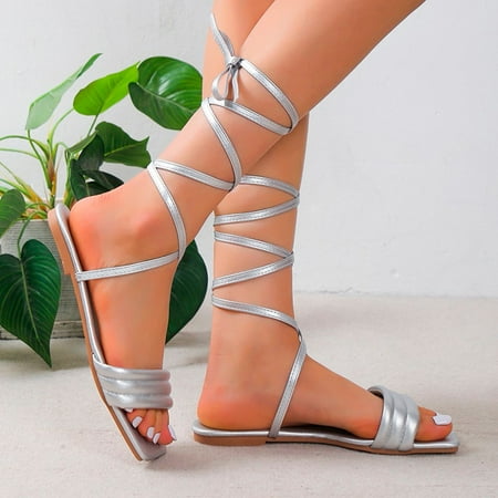 

Gubotare Bedroom Slippers Women Women s Open Toes One Band Ankle Strap Flat Sandals Silver 8.5