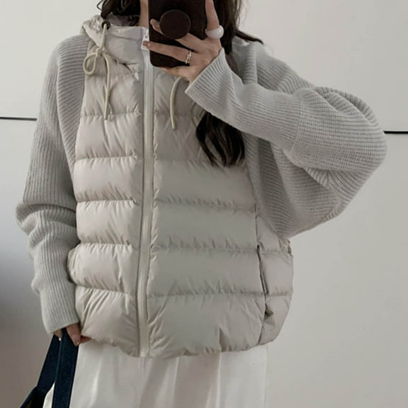 Pounoo Winter Clothing for Women Quilted Puffer Lightweight Jackets Patchwork Zip up Knitted Sweater Winter Warm Coat with Pockets