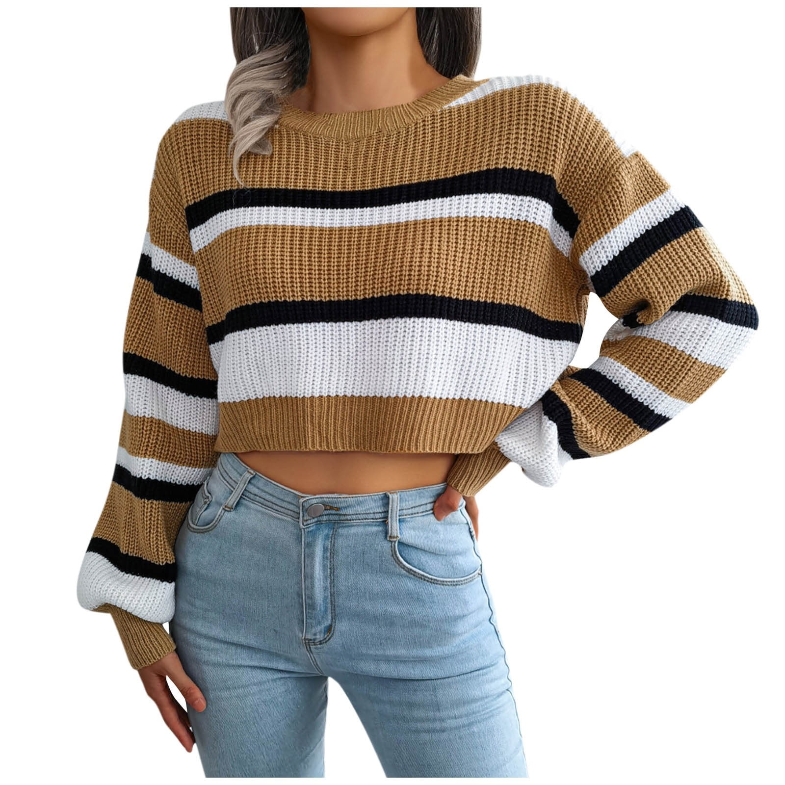 Fall Clothes, Women's Cardigan Ropa De Invierno Mujer Making The Cut Shop Winning Looks Women's Autumn Winter Top Ins Style Casual Striped Long Sleeve Crop Knit (S, Khaki) TBKOMH -