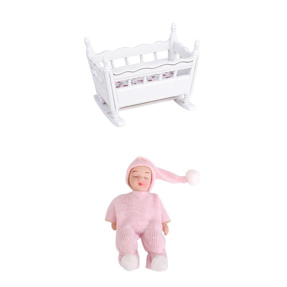 1:12 Cuna Cama de + Muñeco de Dormir Accesorio Decorativo de Dollhouse SM SunniMix casa de muñecas muebles de la guardería