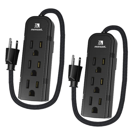 Paquete de 2 tomas de corriente pequeñas, color negro, cable de extensión de alimentación resistente de 1 pie, tamaño mini, tira de alimentación portátil de 3 tomas para oficina, computadora, accesori