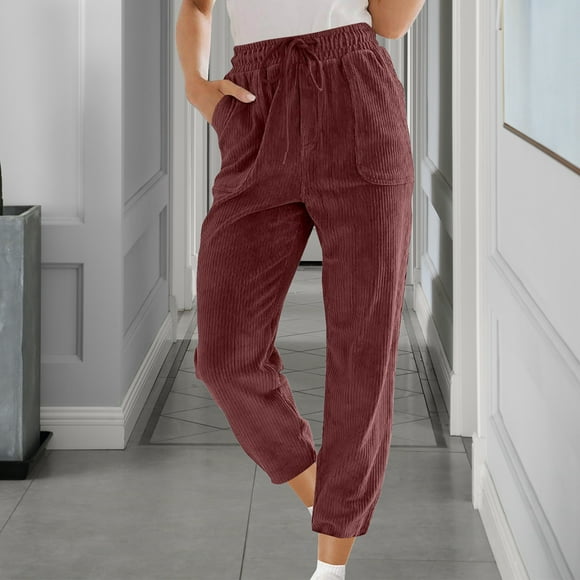 Simua Womens Corduroy Pants Drawstring Elastic Waist Casual Wide Leg Trousers with Pockets