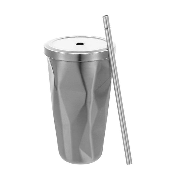 BESTONZON Stainless Steel Tumbler with Straw Hot and Cold Double Wall Drinking Cups Coffee Mugs 500ml Irregular Diamond with Lid (Steel Color)