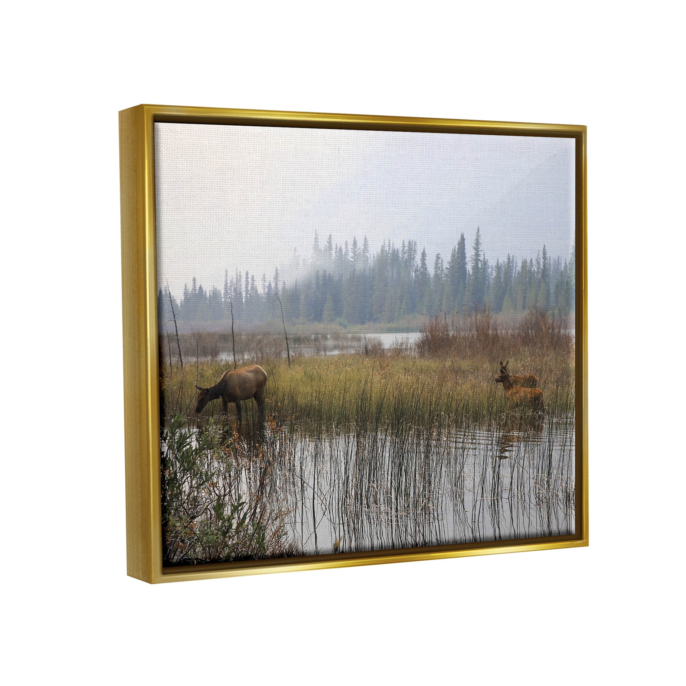 Animals Grazing Creek Landscape Landscape Photograph Metallic Gold Framed Art Print Wall Art