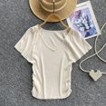 thumbnail image 3 of Camiseta de punto de manga corta para mujer, Top de manga acampanada con cuello en V profundo, plisado, ajustado, informal, novedad de verano, 3 of 5