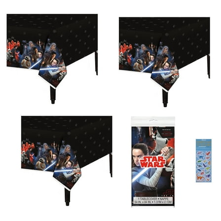 Star Wars Birthday Party Supplies Bundle include 3 Plastic Table Covers 54" x 84" and 1 Dinosaur Sticker Sheet