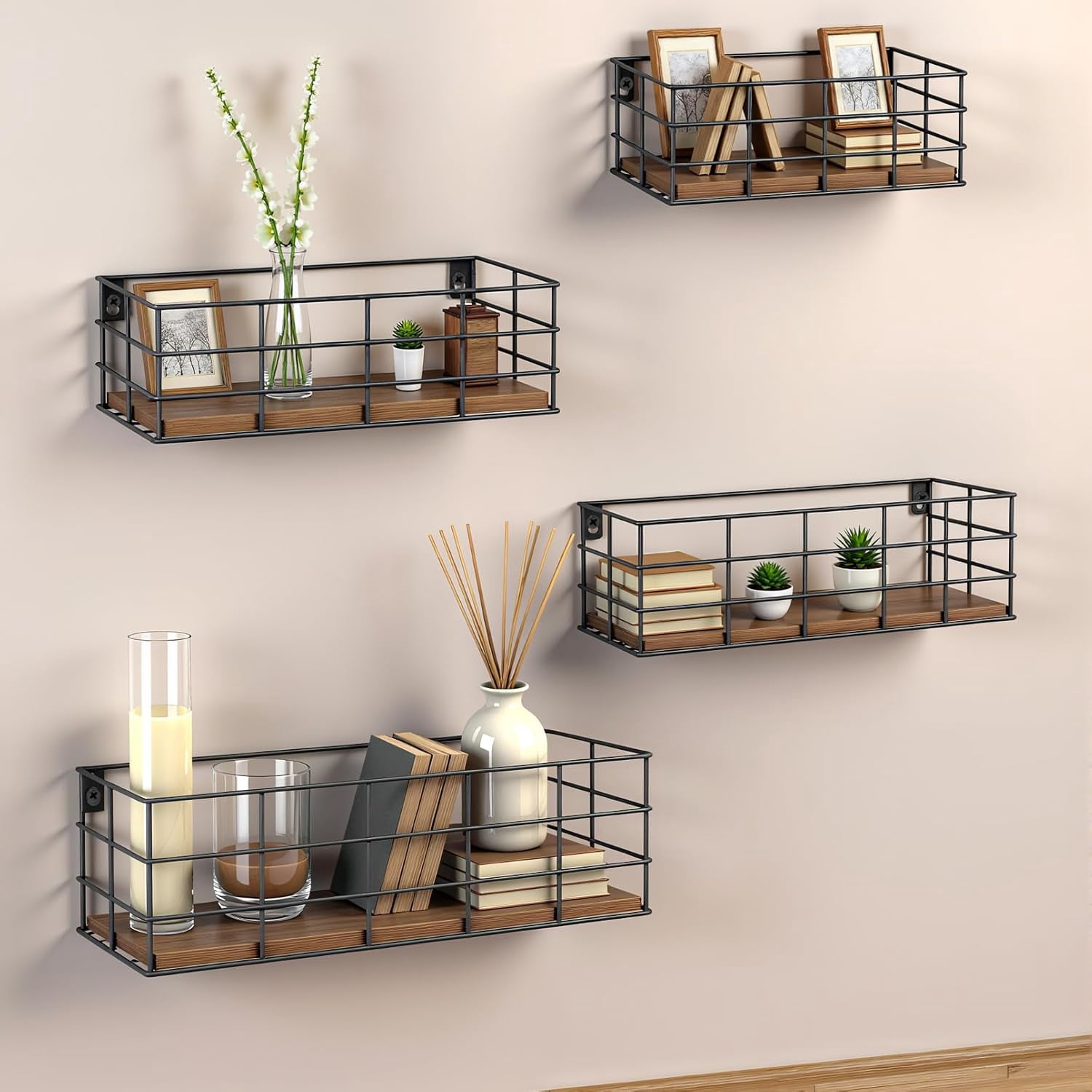 4 Sets of Hanging Floating Shelves, Metal Wire Storage Basket with Wood Bottoms, Hanging Storage Wall Shelf, Wall Mounted Shelves for Home Bathroom Living Room Bedroom Kitchen