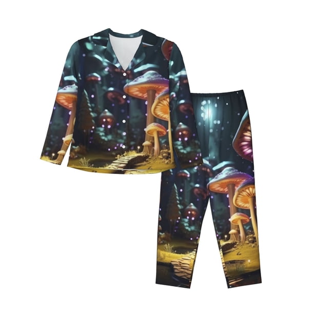 Balery Purple Glowing Mushroom Conjunto de Pijama con Estampado para Mujer, Conjunto de Dos Piezas con Manga Larga, Ropa de Dormir Suave con Bolsillos, Pijamas Cómodos-XX-Large