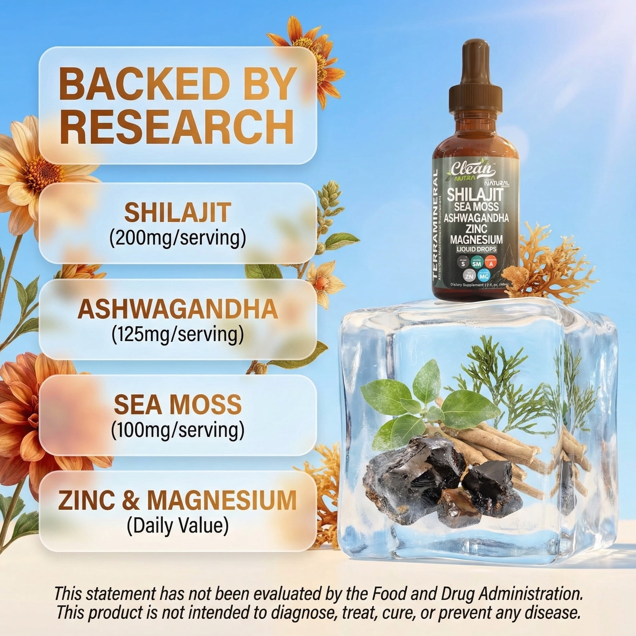 Clean Nutra Terra Mineral Shilajit Liquid Drops with Sea Moss, Ashwagandha, Zinc and Magnesium - Liquid Vitamins for Women and Men