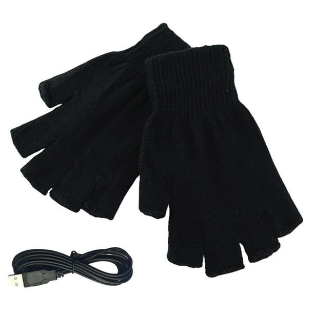 Guantes calefactables USB sin dedos, de medio dedo, de punto, con rayas, lavables, térmicos Negro