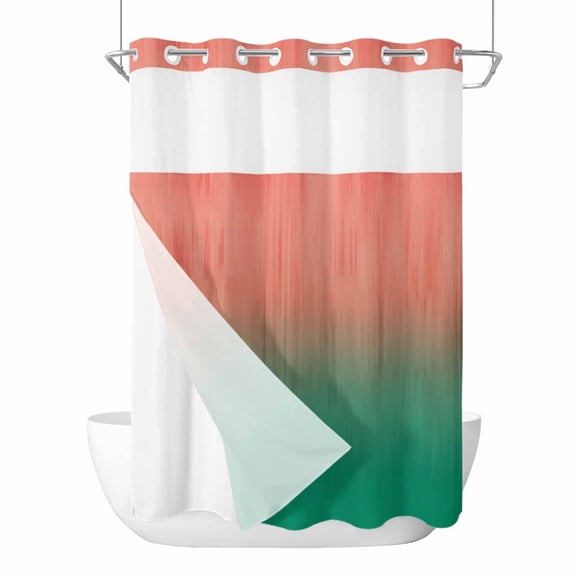 No Hook Red Green Ombre Shower Curtain with Snap in Liner Set, Modern Art Gradient Orange Waterproof Fabric Bathroom Curtains with See Through Top Window, Hotel Style Long 72 x 84 Inch