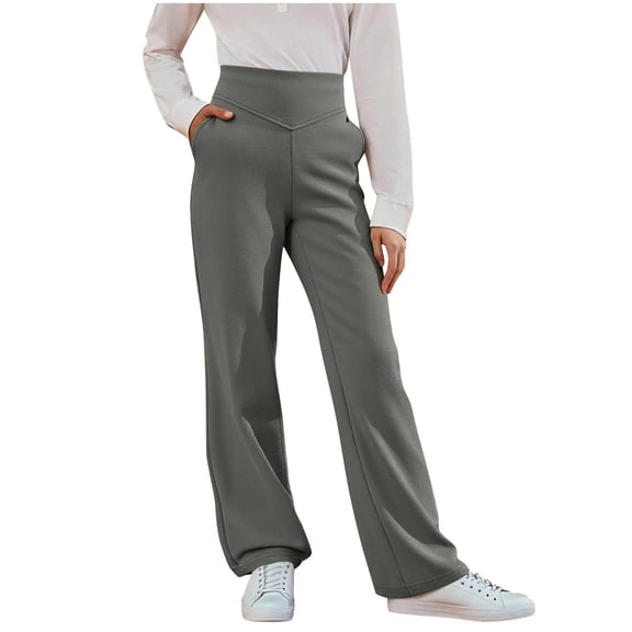 bbymog School Uniform Pants for Girls Solid Color Elastic Waist Straight Flare Pant Girls Sweatpants with Pocket Gray 12 Years