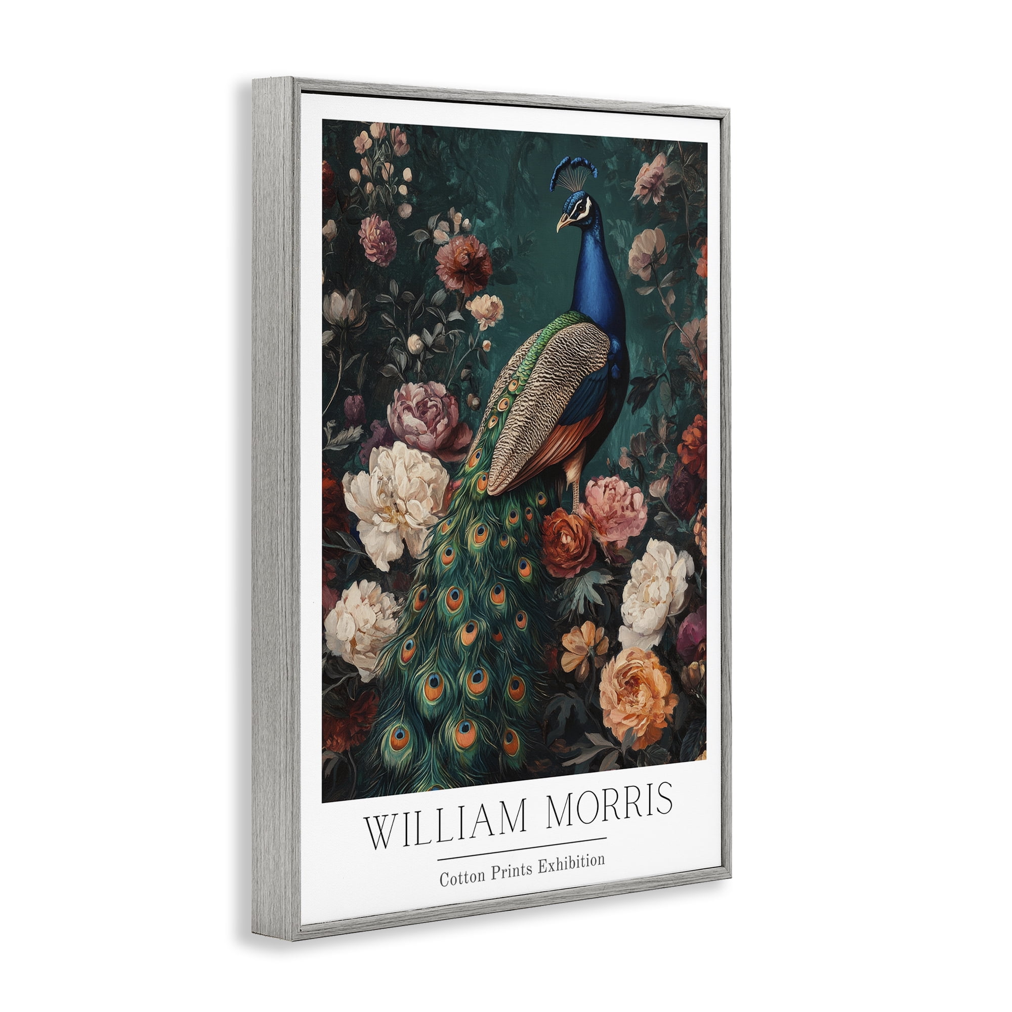 Stupell Industries Vintage Floral Peacock William Morris Gray Framed Giclee Art, design by Petal Prints Design