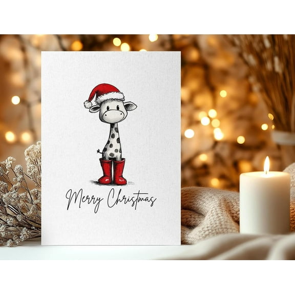 Adorable Giraffe Christmas Card – "Merry Christmas" Design with Santa Hat and Red Boots – Blank Inside for Holiday Wishes – Perfect for Family and Friends