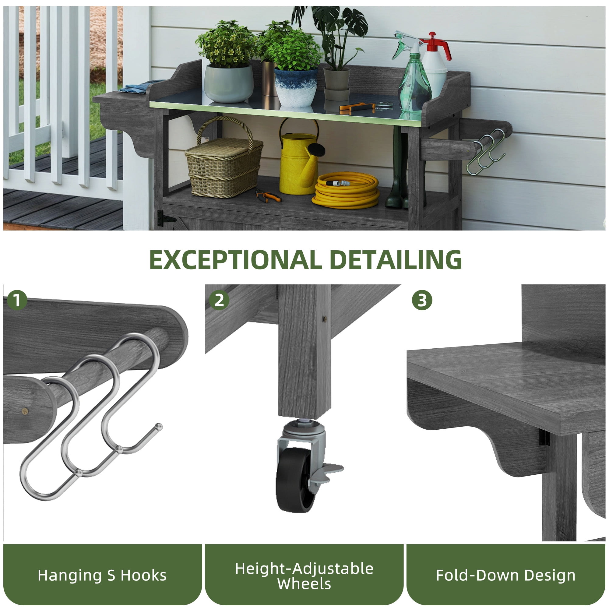 Uforic Outdoor Potting Bench Table, Planting Work Bench with Galvanized Metal Tabletop, Foldable Side Panel, 4 Casters, Adjustable Shelf, Garden Workstation for Patio/Backyard, Gray