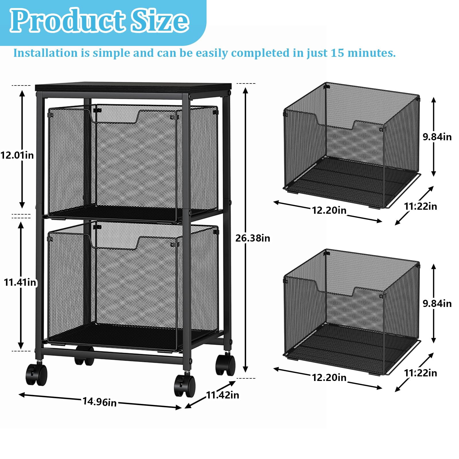 Rolling File Cart with 2 Storage Drawers, Mobile File Cabinet with Wheels, Hanging File Folder Organizer, Under Desk Storage, Printer Stand Utility Cart Filing Cabinet for Home Office,Black
