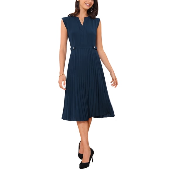 Allegra K Sleeveless Dress for Women's Casual V Neck Button Pleated Midi Dress XL Deep Blue