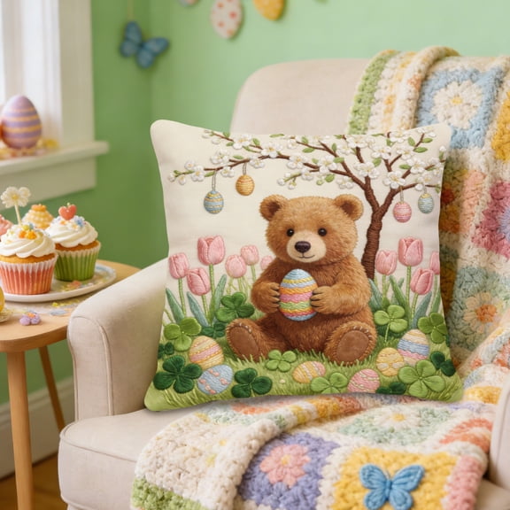 QuanTara Easter "Good Things" Pillow Cover, 18x18in Embroidered Decorative Throw Pillow Case for Couch Bedroom, Spring Home Decor