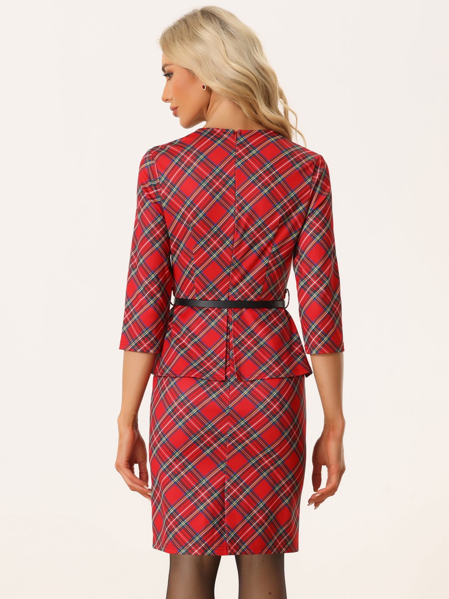 DARING DIVA Pencil Dress 3/4 Sleeve Peplum Belt Plaid Sheath Dress L Red