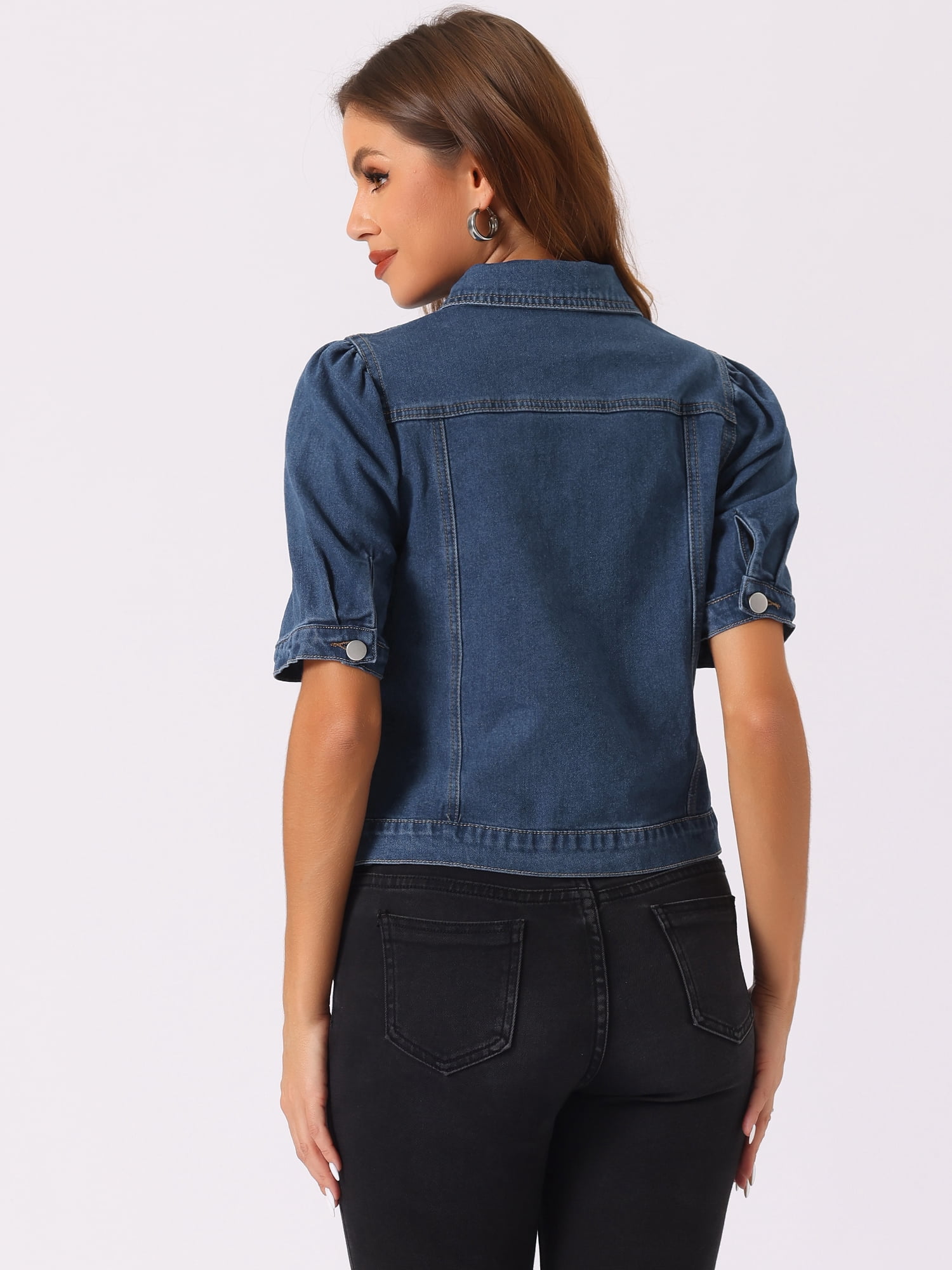 DARING DIVA Women's Short Puff Sleeves Button-Down Denim Jacket M Dark Blue