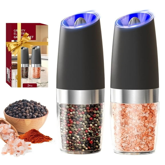 YIJ2 2Pcs Gravity Electric Salt and Pepper Grinder Set,Salt and Pepper Grinder Set Electric, Adjustable Roughness, Battery Powered, LED Light, Black