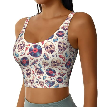 Picia rock Skull record Retro Sports Bra for Women Padded Strappy Sports Bras Medium Support Yoga Bra with Removable Cups Running Yoga Bra-Large