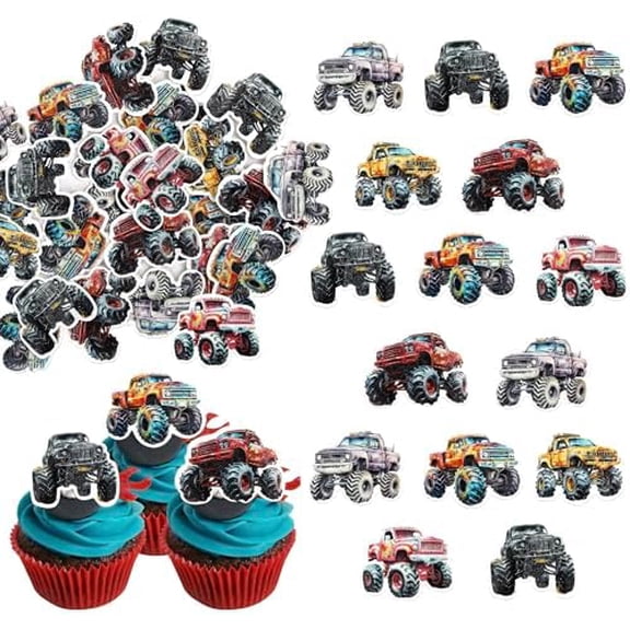 60 PCS Edible Truck Cupcake Toppers Wafer Paper Monster Birthday Cake Decorations Edible Truck Car Cupcake Picks for Baby Shower Birthday Party Food Decorations Supplies