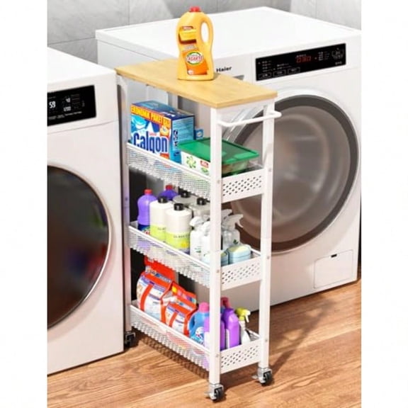 Utility Slim Storage Cart 4 Tier Small Rolling Kitchen Laundry Room Cart with Wood Top Metal Narrow Bathroom Storage Cabinet Mobile Shelf Unit Organizer Trolley with Handle for Narrow Space